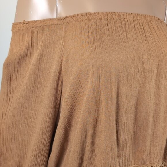 3/$20 Ardene Boho Peasant Top Off Shoulder Long Sleeve Tan Crochet Trim Blouse - Picture 2 of 12